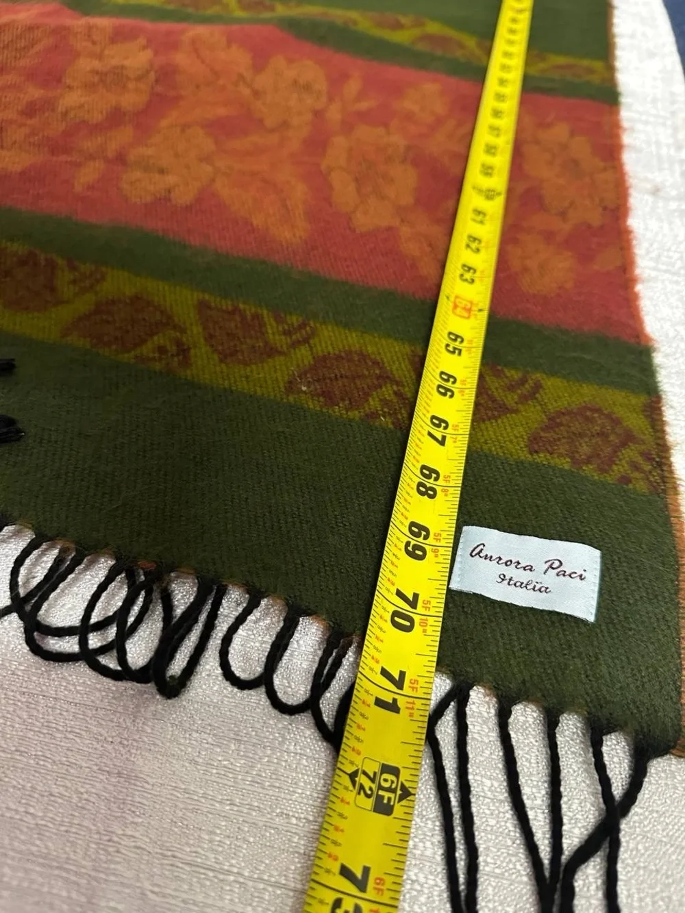 Rust Floral Border Wool Blend Scarf Wrap with Green Accents